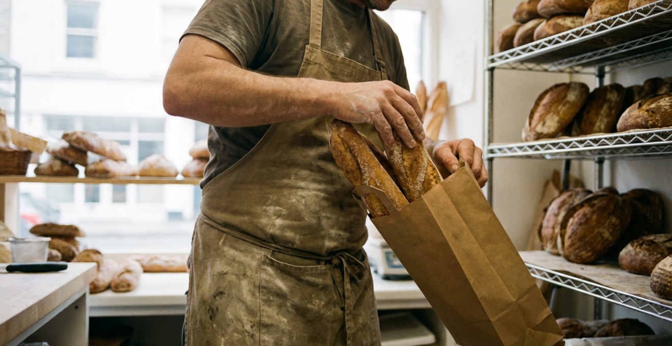 Boulanger plaçant des baguettes dans un sac kraft alimentaire en arrière-boutique
