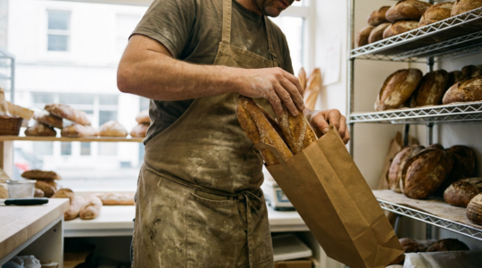 Boulanger plaçant des baguettes dans un sac kraft alimentaire en arrière-boutique