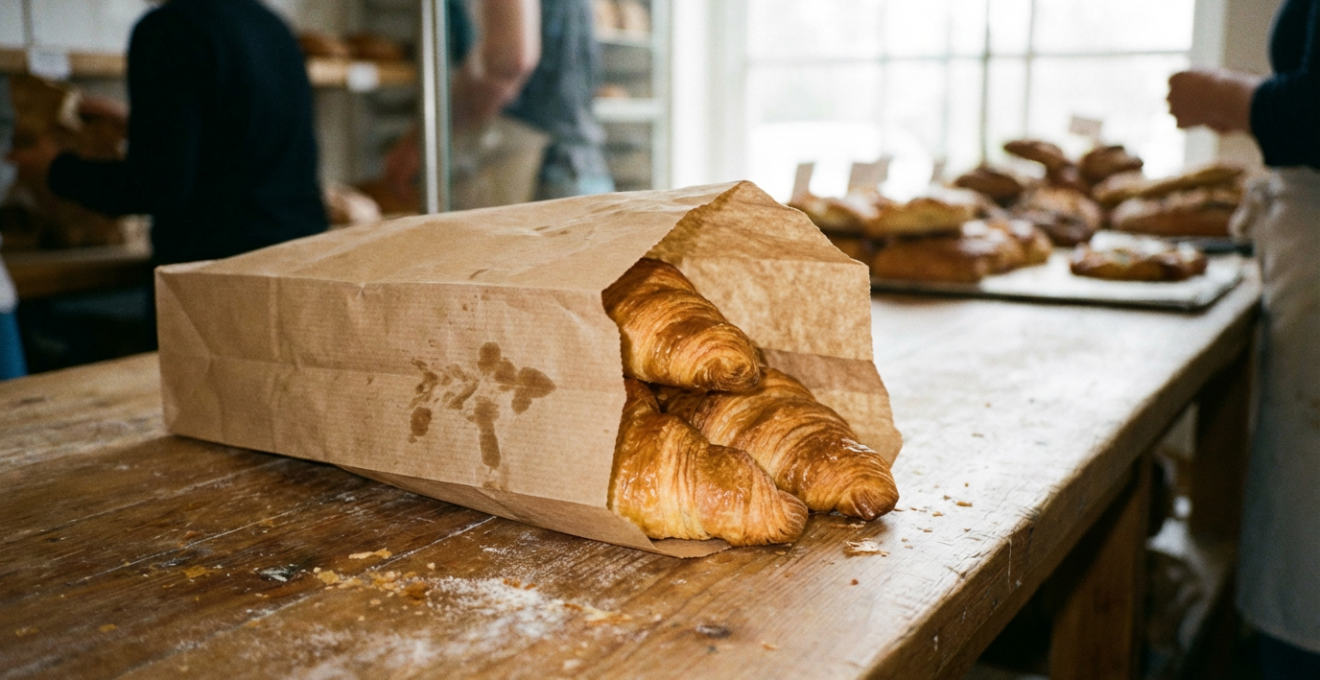 Croissants dans un sac kraft avec traces de gras visibles sur l'emballage