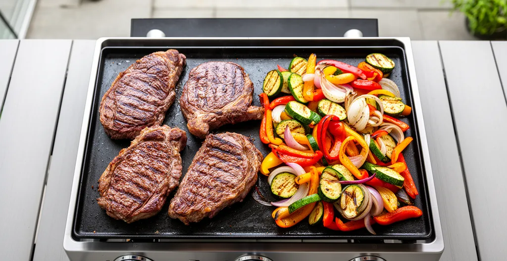 Vue plongeante sur plancha avec viandes saisies à gauche et légumes grillés à droite