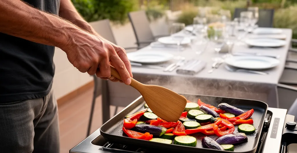 Personne retournant des légumes colorés sur une plancha fumante en terrasse