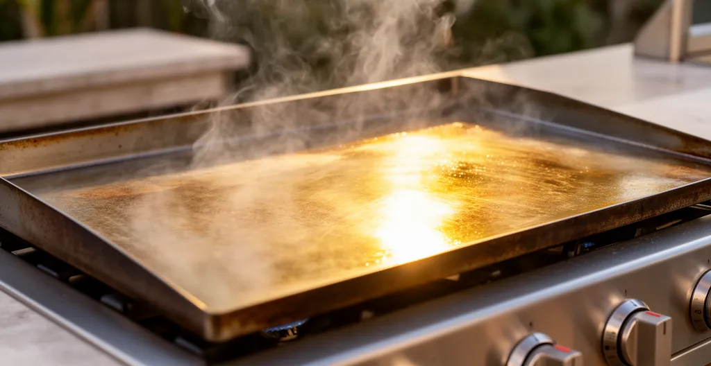 Surface brillante d'une plaque plancha préchauffée avec légère vapeur