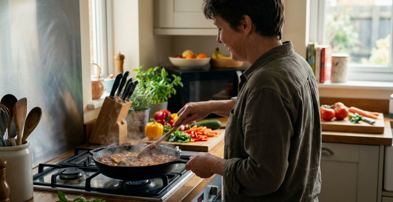 Personne préparant un repas gourmand dans une cuisine familiale chaleureuse