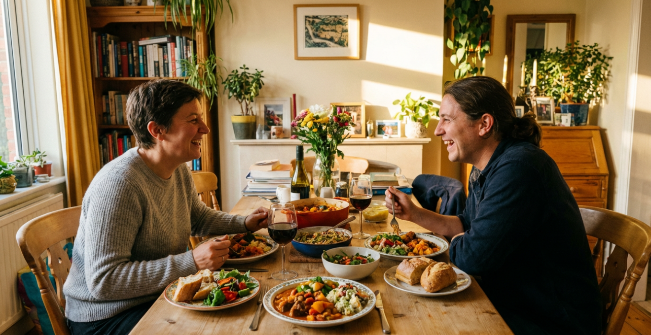 Deux personnes partageant un repas fait maison dans une ambiance chaleureuse
