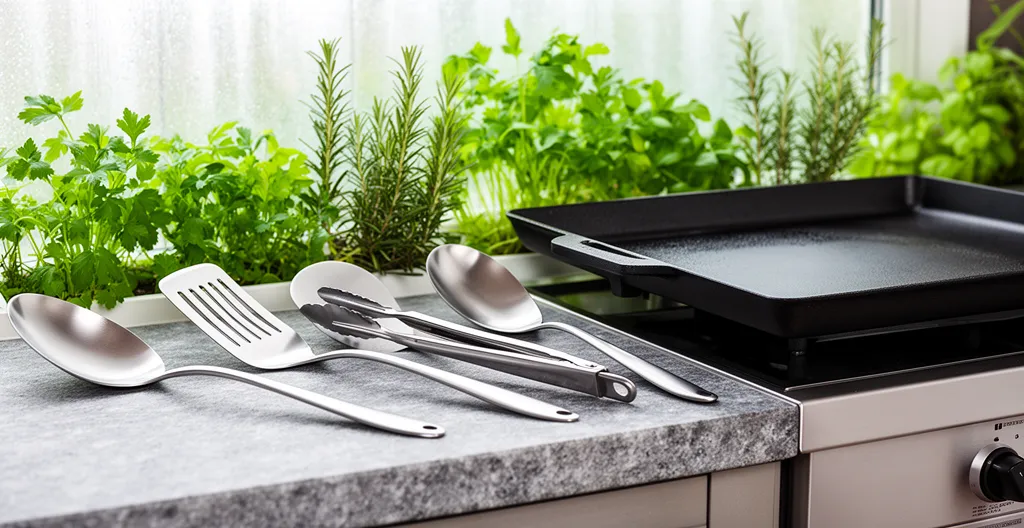 Spatules inox et pinces de cuisine posées près d'une plancha domestique