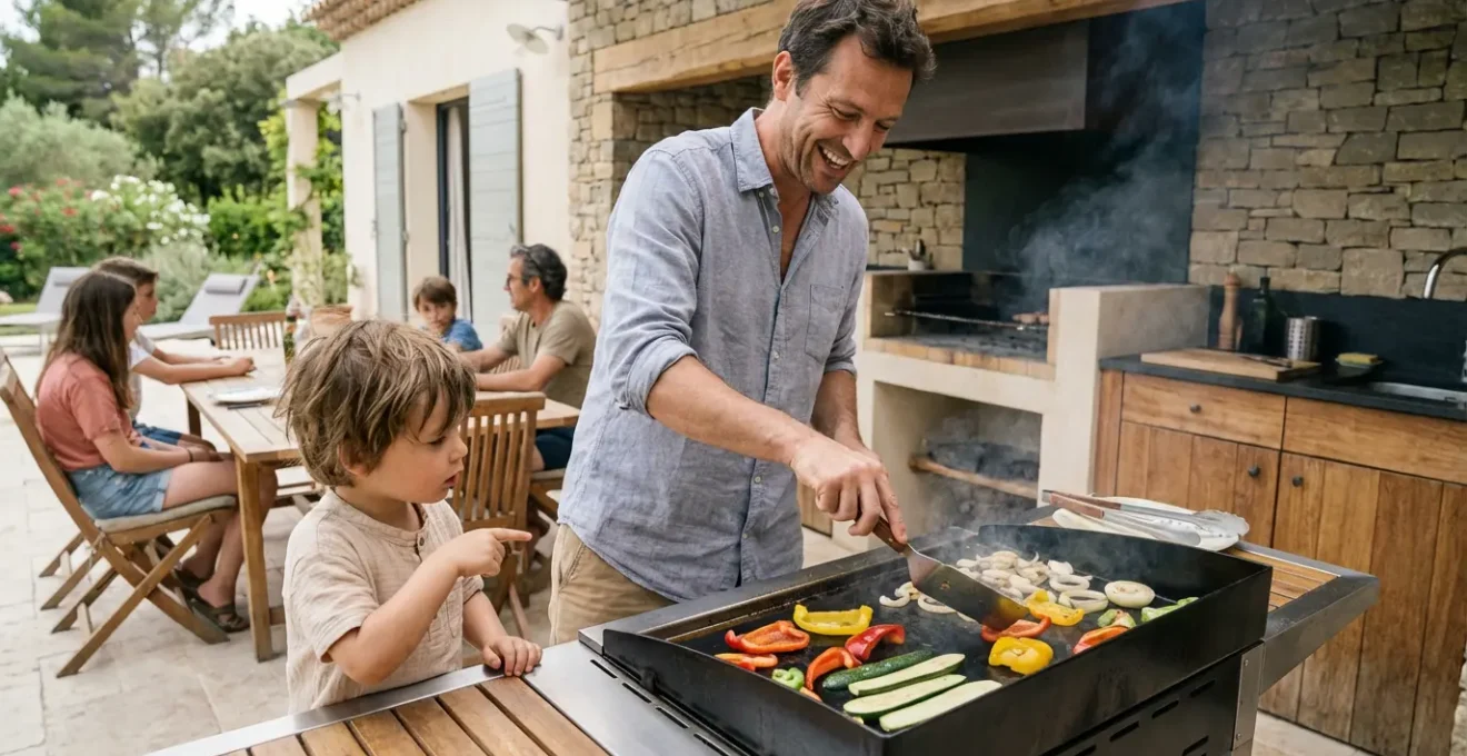 Famille préparant des légumes colorés sur plancha en terrasse