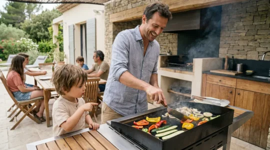 Famille préparant des légumes colorés sur plancha en terrasse