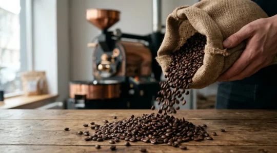 Grains de café torréfiés de qualité versés sur surface bois rustique