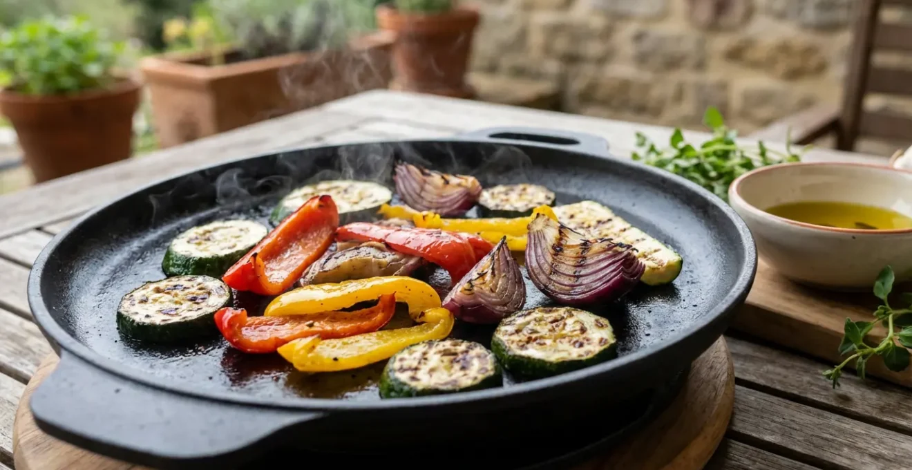 Légumes colorés grillés sur plaque plancha avec marques de cuisson