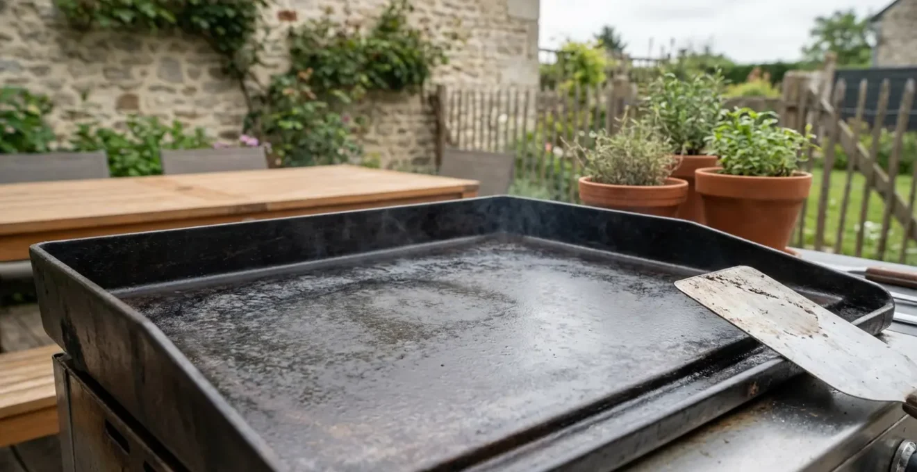 Surface de plaque plancha en fonte émaillée avec léger reflet de chaleur
