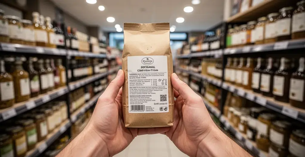 Personne vérifiant étiquette café qualité en magasin